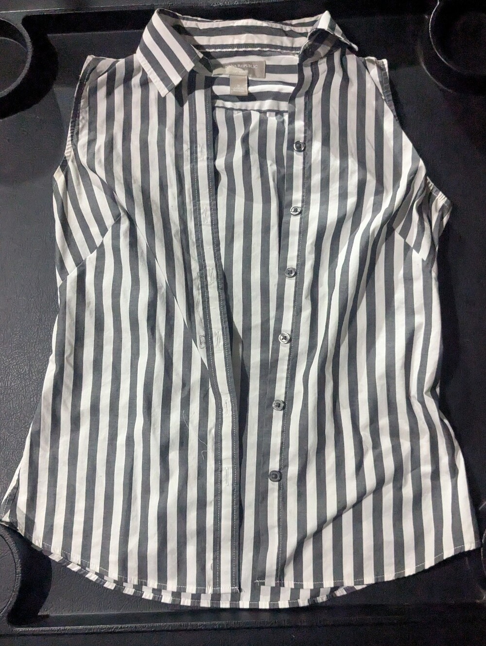 Women's Grey & White Striped Sleeveless Work Button-Down Top